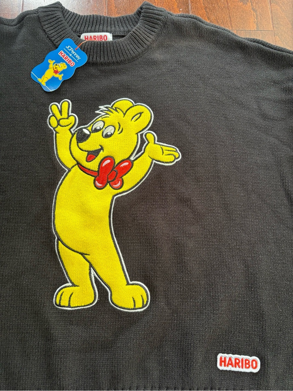 Haribo Gummy Bear Crew Neck Sweater, Black with Goldbear, Womens Size Large, NWT